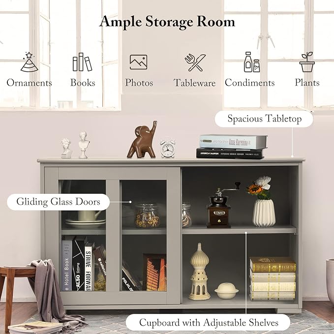 Giantex Buffet Sideboard, Wood Credenza with Sliding Doors, Storage Cabinet with Adjustable Shelf, Modern Console Table, Kitchen Cupboard, Buffet Pantry, Living Room Dining Room Furniture (Gray)