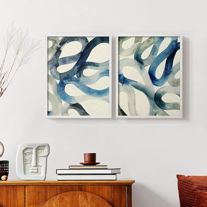 Renditions Gallery Set of 2 Peel & Stick Framed Prints, Watercolor Abstract Wall Art, Aquatic Water and Sand Strokes Wall Decor, Re-Stickable - Ready to Hang - 16"x20" - White Frame LT588