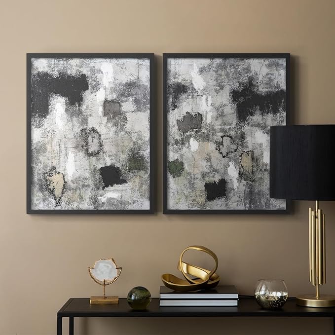 Renditions Gallery Set of 2 Peel & Stick Framed Prints, Abstract Wall Art, Hand Painted Black and White Pattern Wall Decor, Re-Stickable - Ready to Hang - 8"x10" - Black Frame LT588