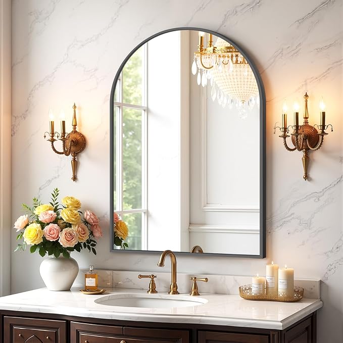 Bathroom Mirror for Wall, 30x20 Inch Arched Mirror, Matte Black Metal Framed Bathroom Vanity Mirrors for Restroom Farmhouse, Anti-Rust, Tempered Glass, Hanging or Leaning