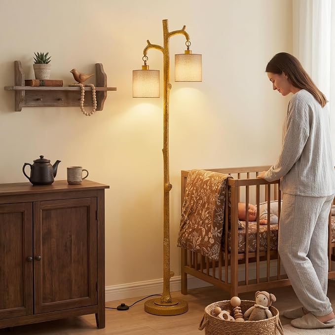 EJIAXIN Farmhouse Floor Lamp for Living Room - 69" Rustic Tree Trunk Standing Lamps - Country Resin Tall Lamp with 2 Reading Light - Tree Floor Lamp for Bedroom Office Home Decor (Ginger)