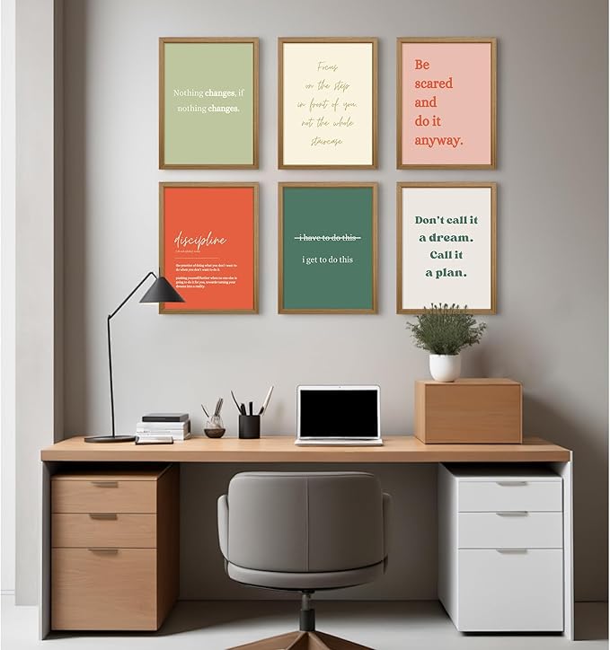 Office Wall Art Motivational Posters Inspirational Quote Canvas Wall Decor Office Positive Pictures Inspirational Classroom Art Motivational Work Prints for Gym Home 8x10 Inch Framed Set of 6