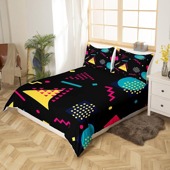 Memphis Duvet Cover Set Queen Size, Retro 80s 90s Geometric Fashion Style Bedding Set for Kids Boys, Triangle Circle Vintage Comforter Cover Soft Polyester Quilt Cover with 2 Pillowcases,No Comforter