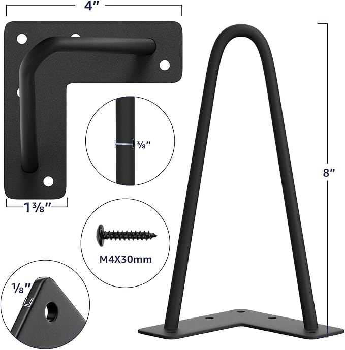 SMARTSTANDARD 8 Inch Heavy Duty Hairpin Furniture Legs, Metal Home DIY Projects for TV Stand, Sofa, Cabinet, etc with Rubber Floor Protectors Black 4PCS