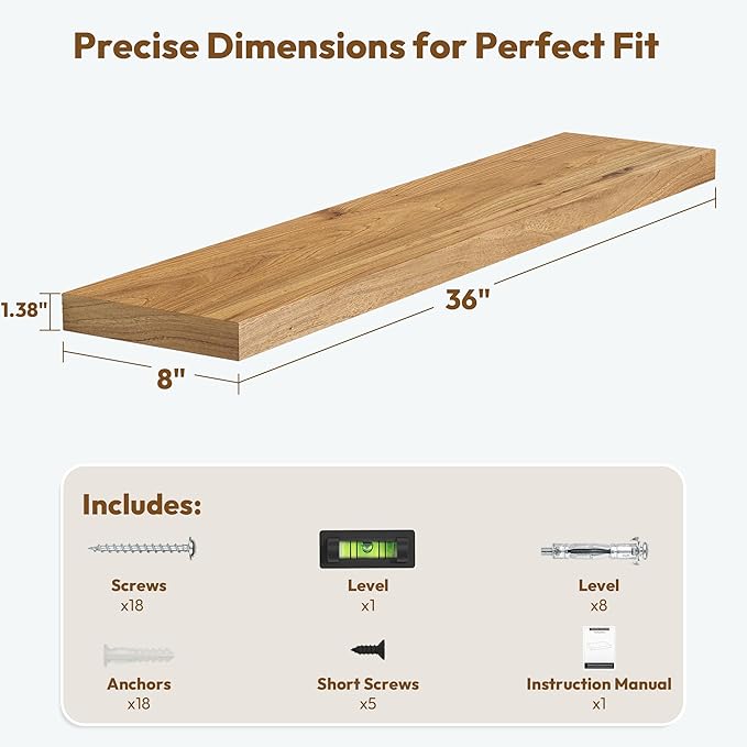 Vivelove Solid Wood Floating Shelves Set of 2, Elm Wood Wall Shelf with Invisible Bracket for Living Room Bedroom Bathroom Office, Rustic Farmhouse Display Shelf, 36 inch - Natural