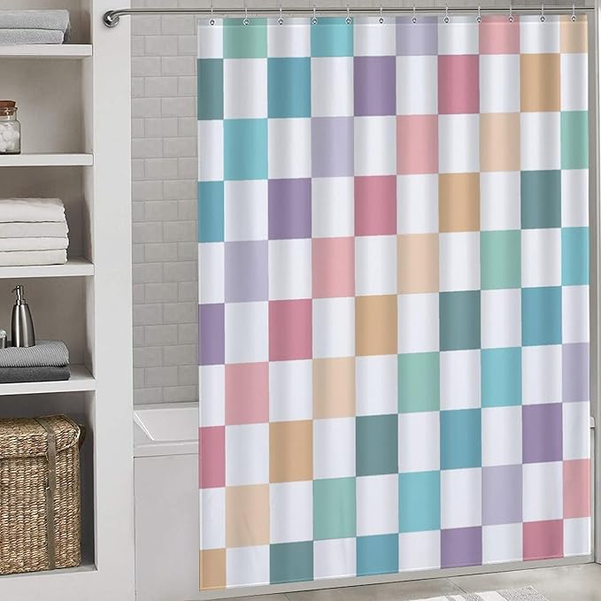 70s Checkered Shower Curtain for Bathroom, Retro Vintage Hippie Groovy Checkboard Colorful Pink Abstract Modern Cute Bright Funky Waterproof Fabric Shower Curtain Set with Hooks, 72"x84"