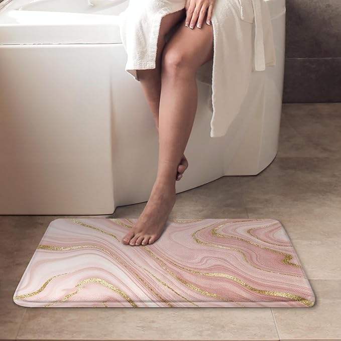 Britimes Marble Pink Bath Mat for Bathroom Washable Floor Rug Carpets Floor Mat Bathroom Decorations 16x24 inches for Kitchen Indoor