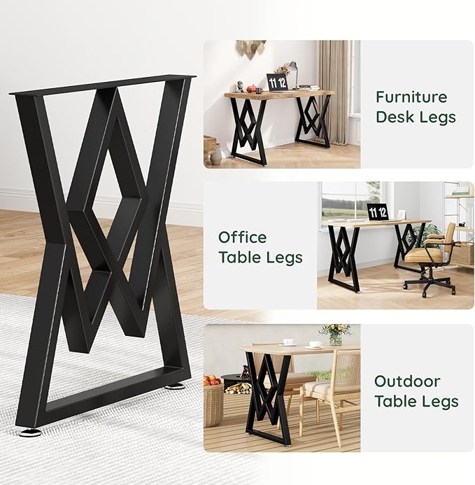 Metal Table Legs 28" H x 24" W Furniture Desk Bench Dining Table Legs Diamond Shape Heavy Duty Desk Legs with Adjustable Feet Set of 2 Black