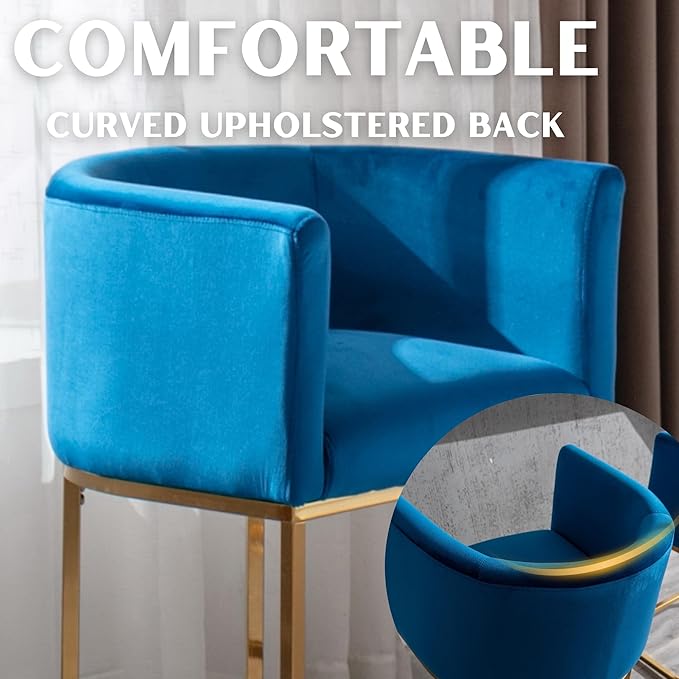Contemporary Blue Velvet Bar Stool, 24" Upholstered Fabric Counter Height Barstool Kitchen Counter Island Stool with Screwed Together Golden Metal Base