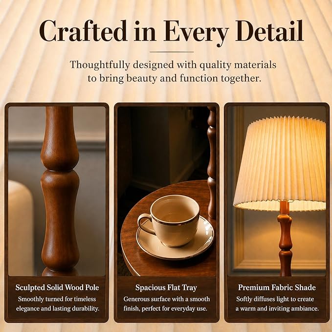 Real Wood Floor Lamp with Built-in Tray, Remote Control, Adjustable Brightness & 3 Color Temperatures, Dimmable Standing Lamp for Living Room, Bedroom, and Office – Easy Setup(Light Walnut)