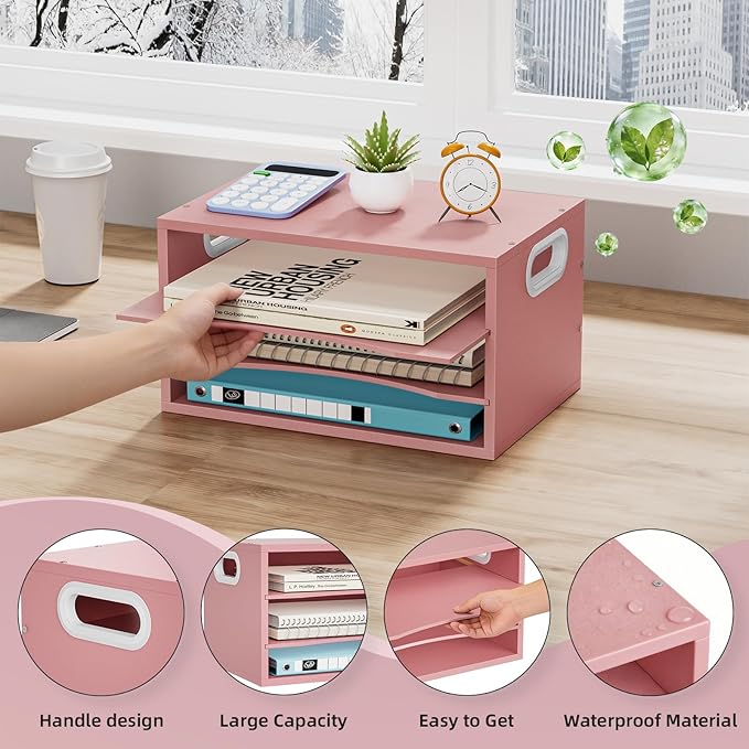 Marbrasse 3-Tier Wood Desk Organizer, Paper Letter Tray Organizer for Desk, Wooden Desktop File Organizer with Handle and Paper Sorter Mail Holder for Office School & Home Supplies Organization-Pink