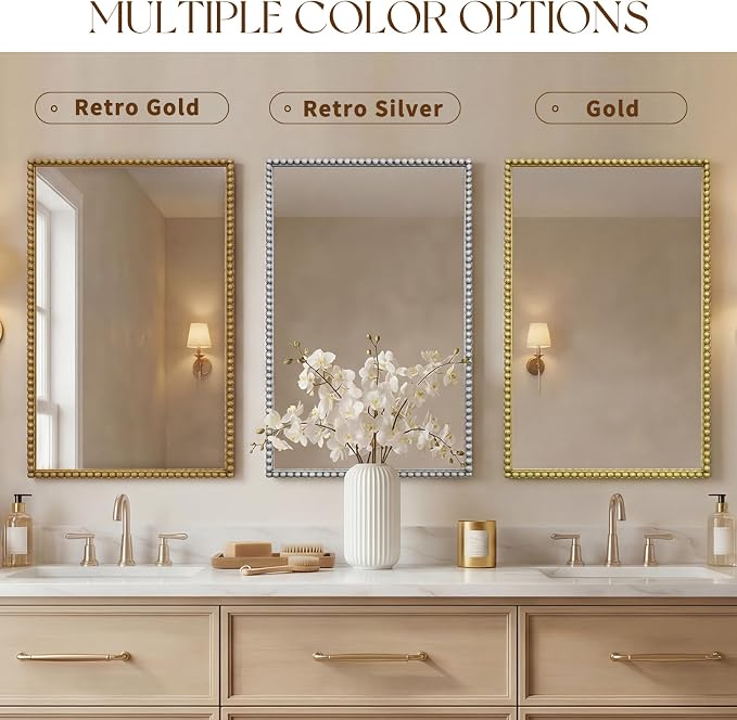 Uniclinens Vintage Rectangle Mirror Decor - Large Antique Gold Beaded Mirror for Wall Decor with Metal Frame, Ideal for Bathroom,Entryway, Fireplace, Living Room, Hallway,24"X36"