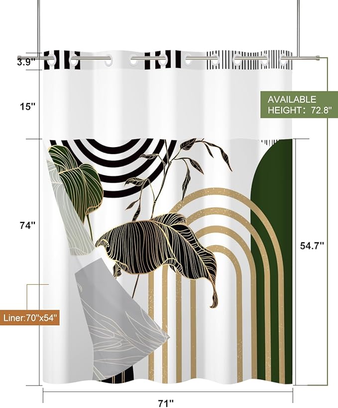 No Hook Shower Curtain with Snap in Liner Set, Abstract Tropical Botanical Print Shower Curtains for Boho Mid Century Modern Bathroom, Waterproof Bath Curtain with Mesh Top, 71x74 Inch