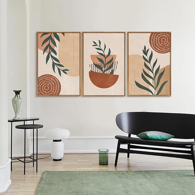 Rantodecor Large Boho Framed Canvas Wall Art Set of 3, Mid Century Modern Wall Decor, Bohemian Beige Geometric Line Art Paintings, Neutral Sage Green Leaf for Bedroom Living Room Office Home 16"x24"
