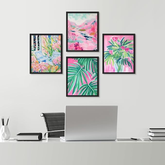 SIGNWIN Framed Tropical and Floral Bright Botanical Preppy Room Decor Pink Decor Digital Art Modern Art Decorative Multicolor Scenic for Bedroom - 11"x14"x4 Black