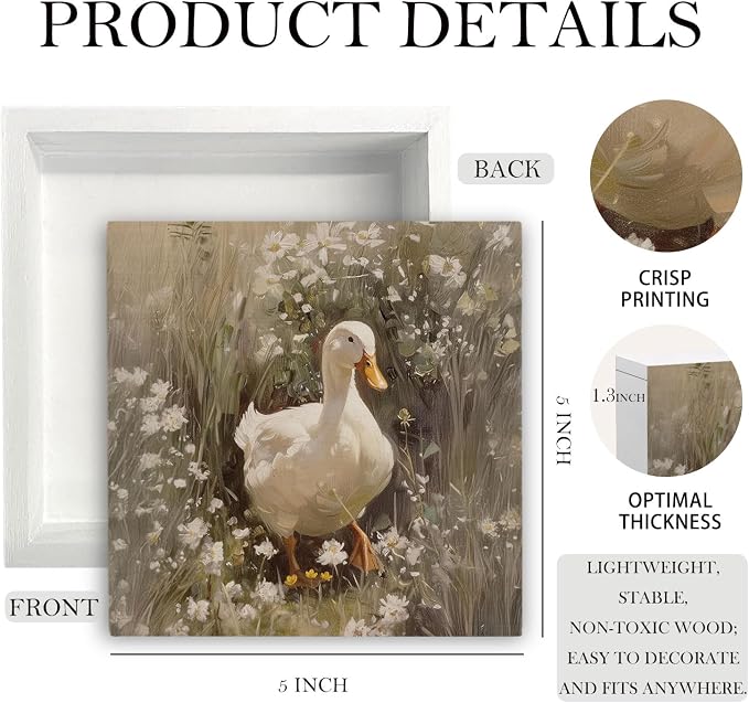 Rustic Wildflower Duck Wooden Box Sign Desk Decor, Ducks Lover Gifts, Vintage Countryside Farmhouse Duck Wood Signs for Home Office Desk Table Shelf Decorations, 5x5 Inch