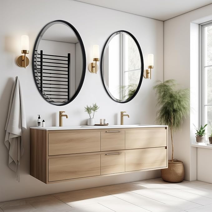 POZINO Oval Beveled Mirror, 24"x36" Bathroom Vanity Mirror for Over Sink, Matte Black Modern Rounded Wall Mirror for Living Room Entryway Bedroom Hallway Fireplace, Hangs Horizontal Or Vertical