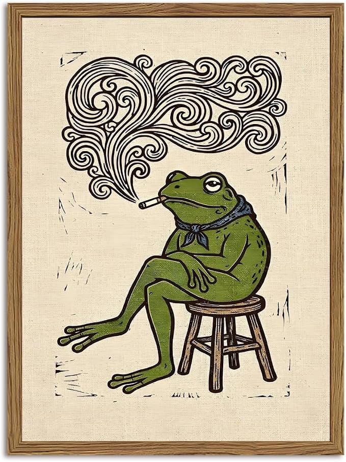 Funny Bandana Frog Wall Art Vintage Japanese Frog Bar Wall Decor Painting, Quirky Animal Poster Canvas Print Picture for Living Room Bedroom 12x16 inch Wood Framed