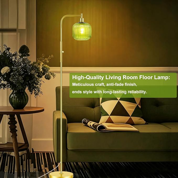 Vinaco Glass Arc Floor Lamps for Living Room, Brused Gold Floor Lamp with Ribbed Glass Shade, Dimmable Tall Lamps with Rotary Switch, Modern Standing Lamp with Bulb Included for Bedroom, Study Room