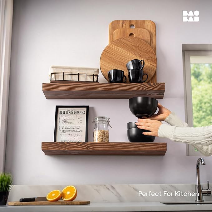 BAOBAB WORKSHOP Wood Floating Shelves, Bathroom Shelf 24 inch, Walnut Floating Shelf for Wall Mounted, Solid Wooden Wall Shelves for Bedroom Kitchen, Walnut Finish, 24 x 6.7, Set of 2