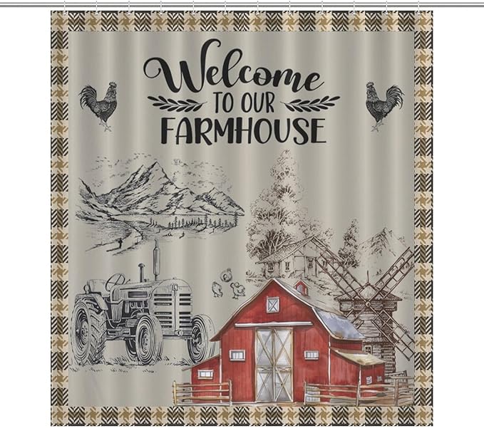 Farmhouse Animal Cabin Shower Curtains Rustic Plaid Buffalo Barn Rooster Waterproof Shower Curtains for Bathroom Decor 12 Pack Hooks 66x72in（168x183cm）