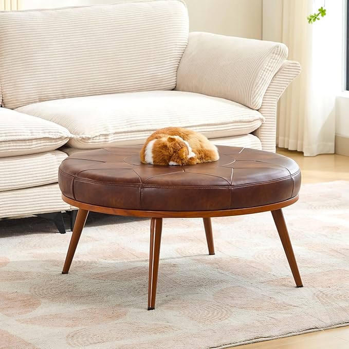 Round Ottoman Coffee Table, Large Faux Leather Cushioned Footstool Ottoman,Stationary Ottomans, Backless Chair, Footrest for Living Room, Bedroom, Padded Seat, Brown