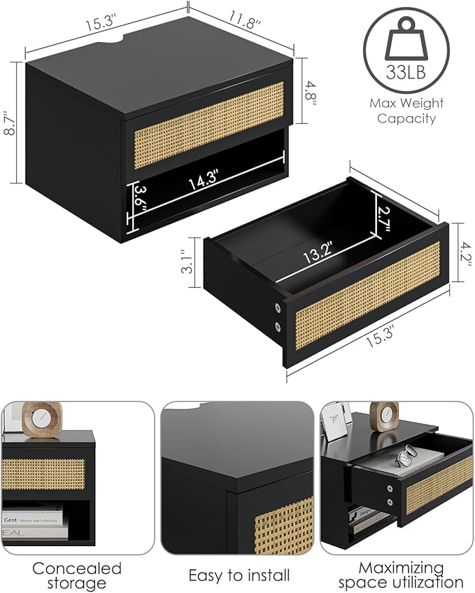Floating Nightstand With Drawer - Small Modern Shelves for Bedroom, Bathroom (Black Rattan)