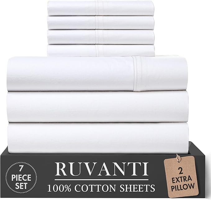 RUVANTI 100% Cotton Percale Sheets Split King Size 7 Piece Set, Cooling Bed Sheets for Hot Sleepers, Deep Pocket 16”, Breathable Lightweight & Durable, Crisp Hotel Style Sheets, Bright White