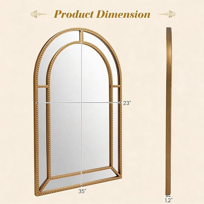 Tangkula 35" x 23" Gold Arched Wall Mirror, Decorative Mirror with Beaded Frame for Living Room, Entryway, Fireplace, Bedroom, Modern Vintage Wall Decoration (Arched)