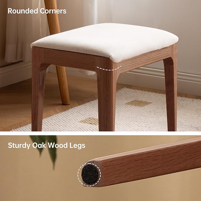 Vanity Stool, Ash Wood Vanity Chair, Wooden Chair for Vanity with Upholstered Cushions for Living Room, Bedroom, Walnut