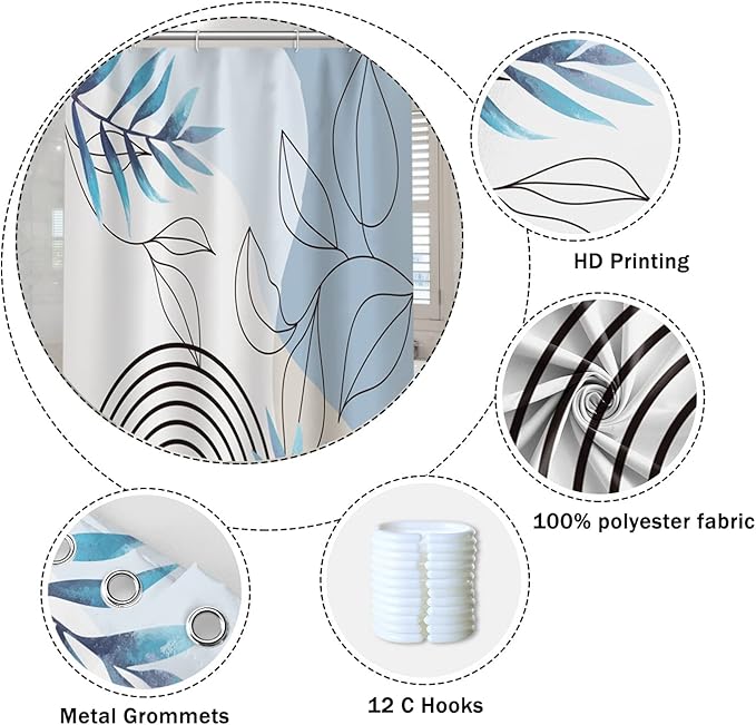 Abstract Mid Century Bathroom Shower Curtain - Bohemian Eucalyptus Leaves Stripes Arch Light Blue With Hooks, Waterproof Fabric Polyester Home Decor, 48x72 Inch