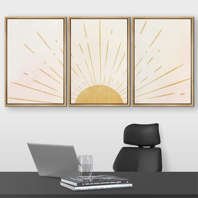 wall26 Framed Wall Art Print Set Shining Yellow Sun on The Horizon Geometric Nature Illustrations Modern Art Mid-Century Modern Scenic Colorful for Living Room, Bedroom, Office - 24"x36"x3 Natural
