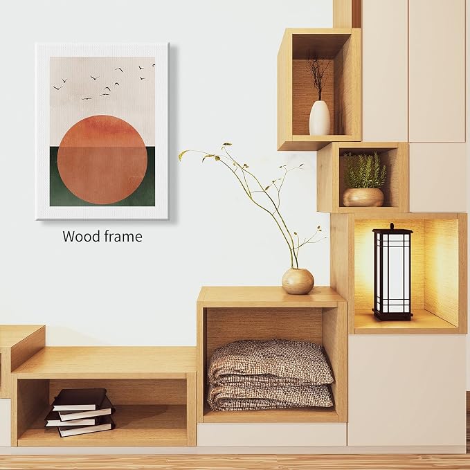 Wrapped Framed Japanese Minimalist Sunset With Bird Wall Art Nature Geometric Abstract Poster Modern Mid Century Eclectic Canvas Prints for Living Room Gallery Home Decor 24x36 inch