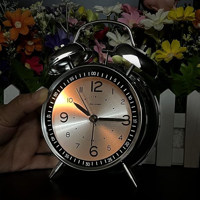 Peakeep Loud Alarm Clock for Heavy Sleepers Adults, Metal 4.5" Twin Bell Battery Operated Alarm Clocks for Bedrooms Decoration (Metal Silver)