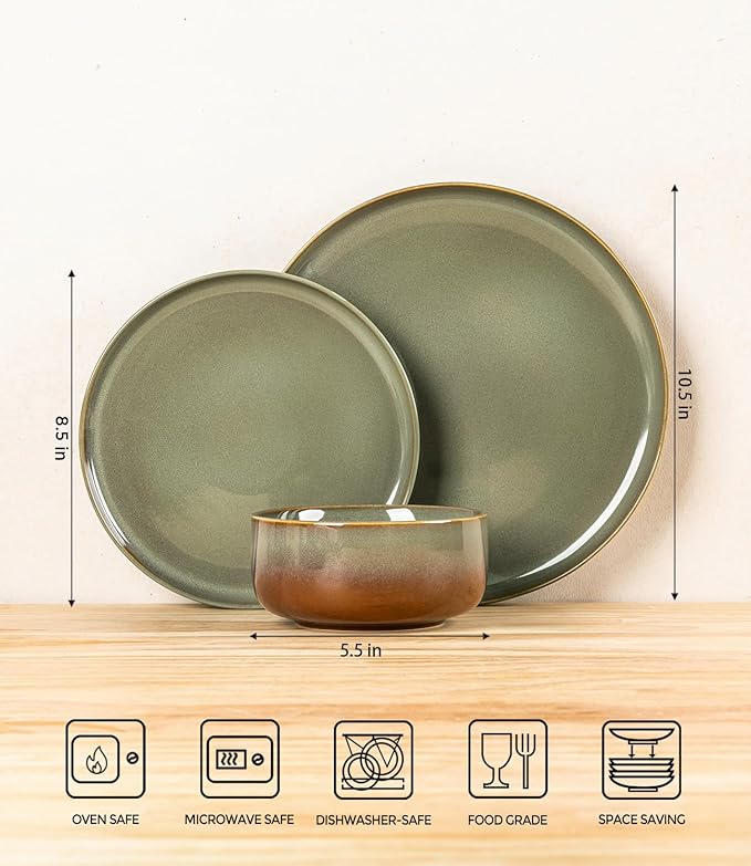 TheTerra Ceramic Dinnerware Sets for 4, 12 Pieces Handmade Reactive Glaze Plates and Bowls Set, Scratch Resistant Dish Set, Oven & Microwave & Dishwasher Safe, Sage Umber