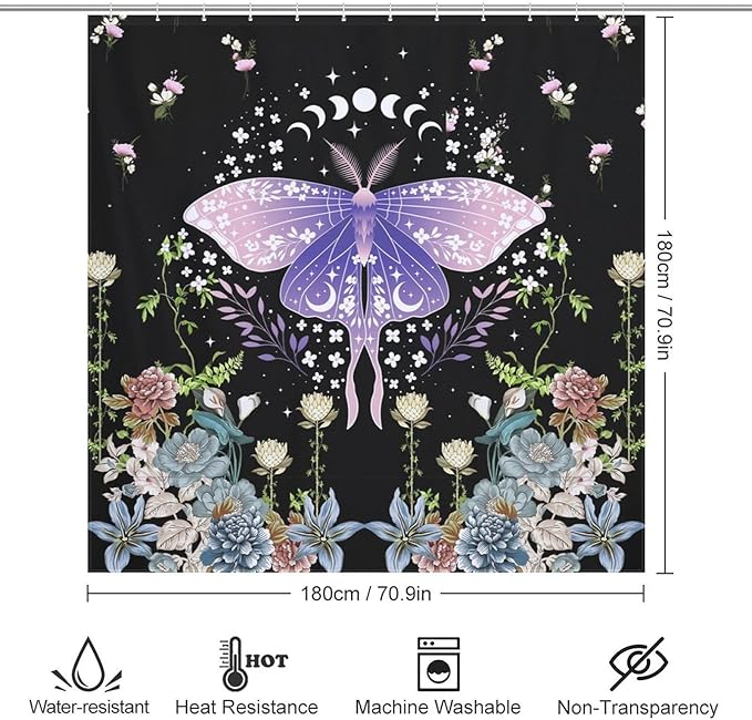 Floral Moth Moon Shower Curtain, Nature Aesthetic Flower Phase of The Moon Artistic Design Waterproof Shower Curtains for Bathroom Decor 12 Pack Hooks 72x72in (183x183cm)