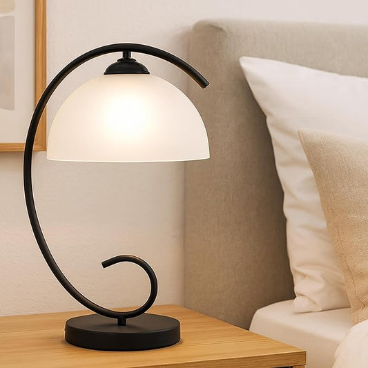 Modern Table Lamp for Bedroom, 17.5" Tall Plug-in Bedside Lamp with Frosted Glass Dome Shade, Sand Black Metal Base, E26 Socket, Corded with Switch – Perfect Nightstand & Desk Lamp (No Bulb)
