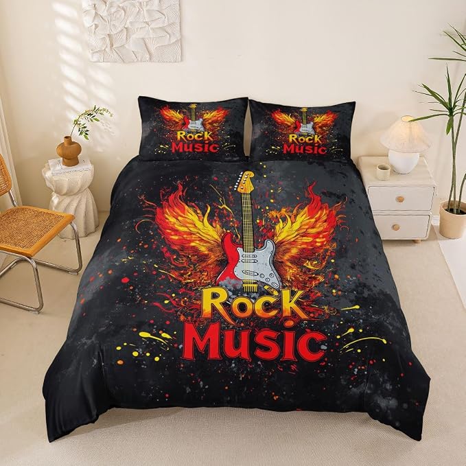 Erosebridal Rock Music Bedding Set Queen for Boys Men - Rock Roll Electric Guitar Duvet Cover Vintage Cool Flame Wings Guitar Comforter Cover,Trendy Punk Music Bed Set