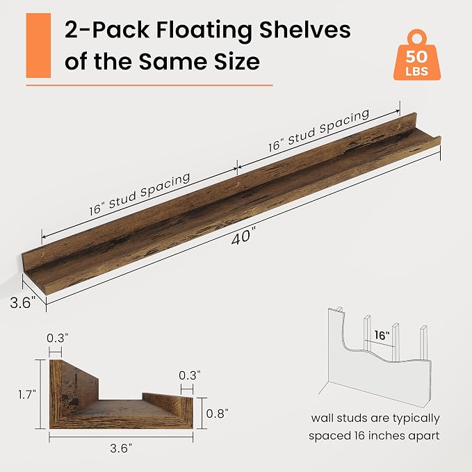 RICHFOCUS Picture Ledge Shelf, 40 inch Floating Shelves Set of 2, Wood Wall Shelves with Lip, Wall Decor Storage for Bedroom Living Room Bathroom Kitchen Nursery Photo Picture, Rustic Brown