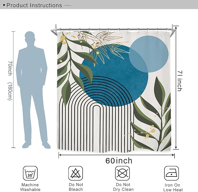 Miyotaa Teal Blue Abstract Shower Curtain Set 60Wx71H Inches Minimalist Aesthetic Modern Contemporary Geometric Plant Leaves Polyester Waterproof Bathroom Curtain with 12 Hooks