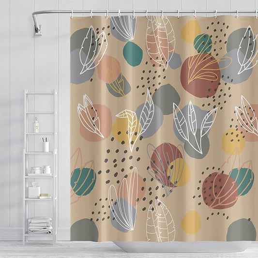 Abstract Mid Century Boho Leaves Colorful Geometric Pattern Shower Curtain, Washable Polyester Durable Fabric Aesthetics Bath Shower Curtain with Hooks, 72x78 Inch