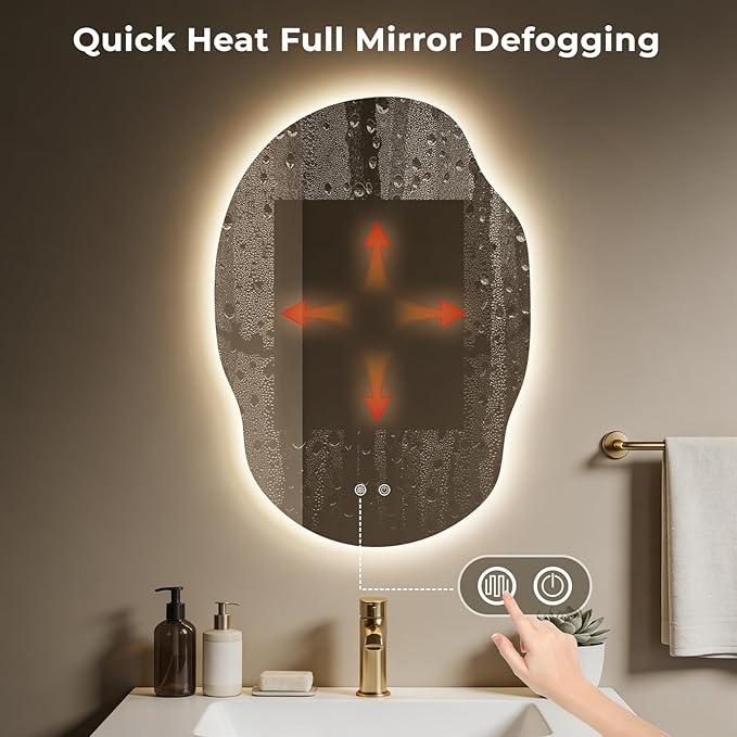 Asymmetrical Bathroom Mirror with Lights, Irregular LED Backlit Vanity Mirror, 31" H x 22" W, Anti-Fog, Dimmable Lighting with 3 Color Temperature, Memory, Hardwired, Vertical or Horizontal Mount