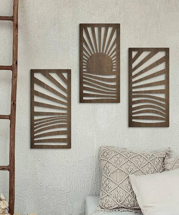 Putuo Decor Wooden Mid-Century Modern Wall Art Set of 3, Sunrise Landscape Wall Decor Nature-Inspired Geometric Artwork for Living Room Bedroom Entryway Dark Brown Modern Wall Sculpture