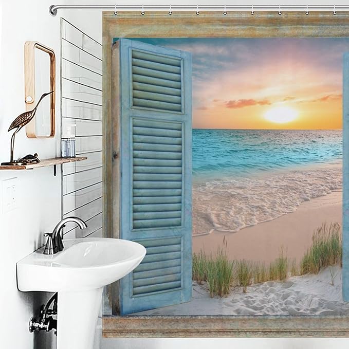 Ocean Beach Shower Curtain,Coastal Nautical Barn Wood Door Sunset Country Seaside Modern Bedroom Living Room Treatment Fabric Waterproof Fabric Bath Curtain Decor with Hooks,72x78Inch