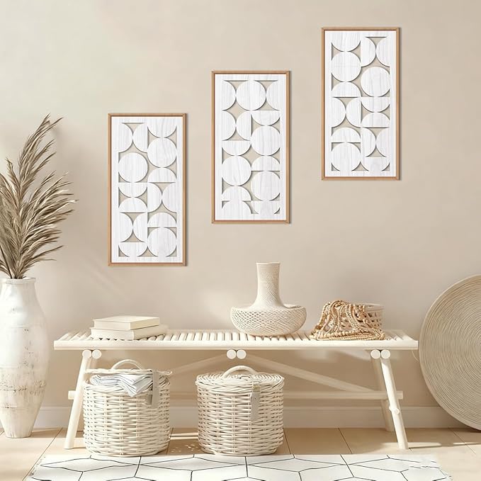 IARTTOP White Abstract Wood Wall Art Framed 8x16 Inch Set of 3 Modern Minimalist Wooden Wall Decor Mid-century Modern Geometry Artwork for Living room Bedroom Office