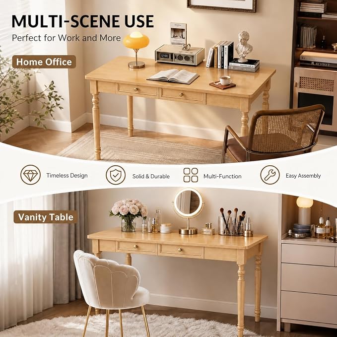 Walnut Writing Desks with Drawers, 47" Solid Wood French Country Style Computer Desk for Home Office, Living Room Study Workspace or Bedroom, Traditional Vanity Dressing Table