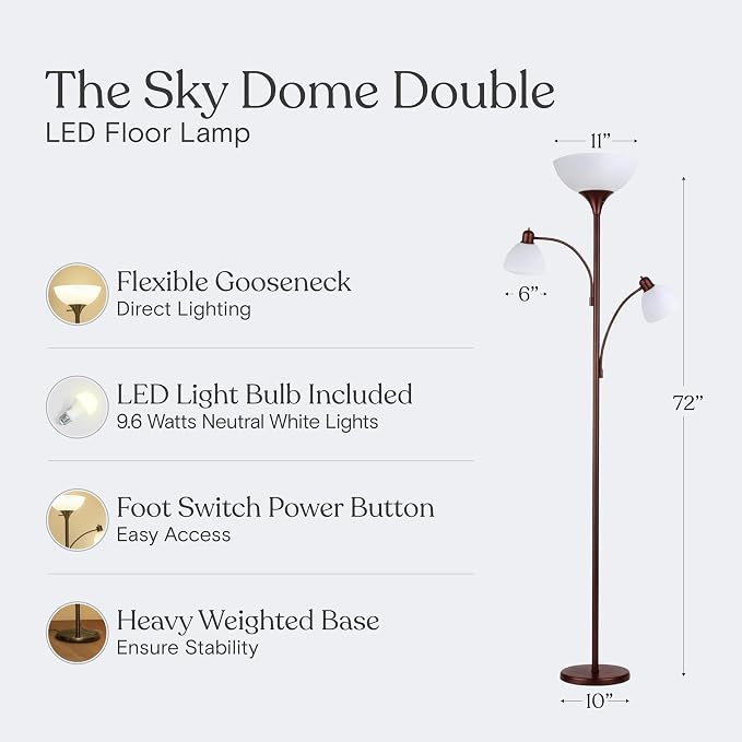 Brightech Sky Dome Double LED Floor lamp, Torchiere Super Bright Floor Lamp with 2 Reading Lamps for Living Rooms & Offices - Dimmable Tall Standing Lamp for Bedroom Reading - Bronze