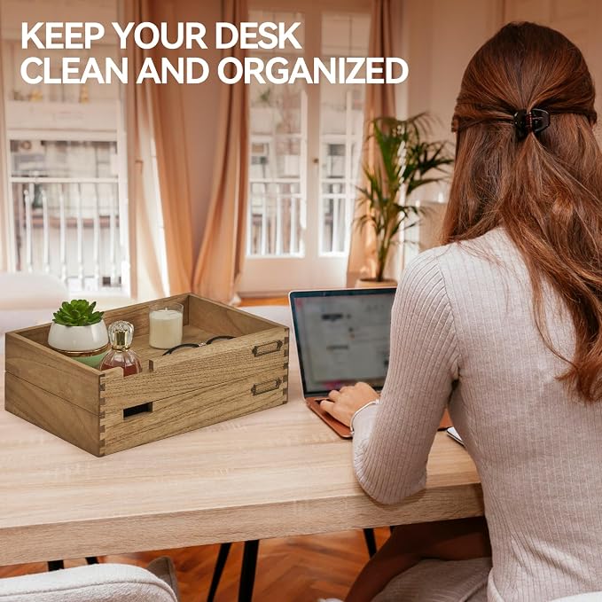 KIRIGEN Wood Desk Organizer Set of 2, Stackable Paper Tray with Metal Label Holders, Natural Wooden Letter Trays for Office Desktop, Mail, Files, Folders and Classroom Papers, Brown 2TTP-DBR