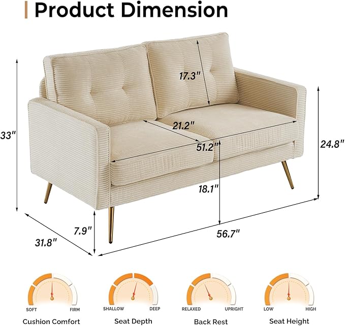 VINGLI 56" Modern Beige Loveseat,Small Corduroy Sofa Couch Deep Seat for Living Room,2-Seater Loveseat Sofa for Bedroom,Apartment,Office,Dorm,Small Space