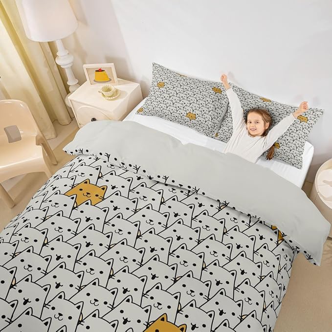 Erosebridal Abstract Cats Comforter Cover King Cute Pet Kitten Animals Bedding Set Trendy Minimalist Cat Duvet Cover for Kids Girls Boys Adults Gray Yellow Color Block Bed Set